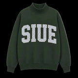 A dark forest green mock-neck sweatshirt featuring the word 'SIUE' in large varsity-style block letters across the chest, where the letters are filled with a light blue and white gingham check pattern. The sweatshirt is displayed flat against a solid pale pink background.