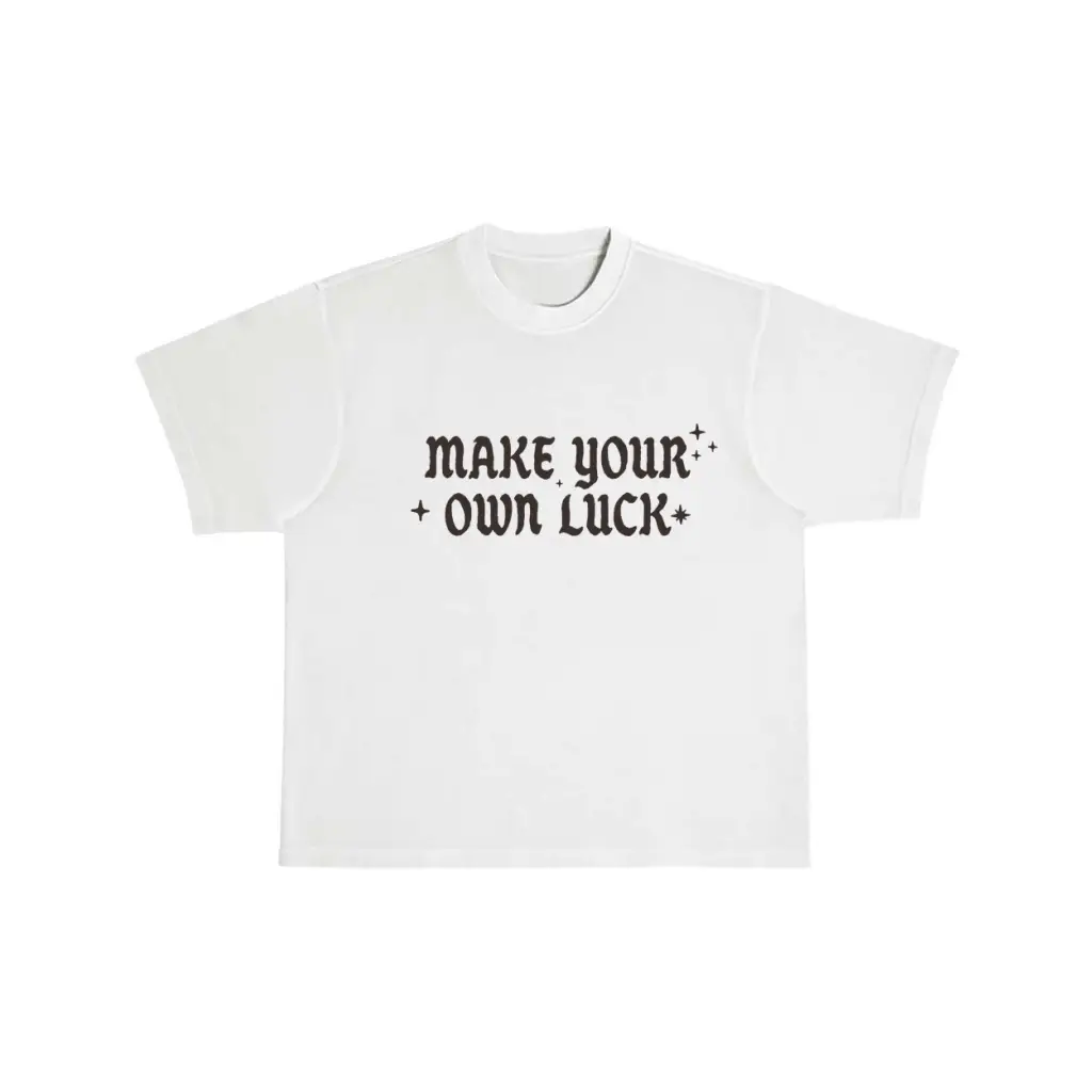 White oversized unisex tee with Make Your Own Luck graphic in cotton comfort