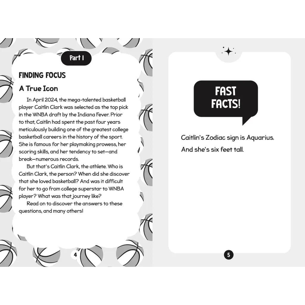 Open book with text and illustrations from 96 Facts About Caitlin Clark, perfect for stylish womens clothes or clothes for moms