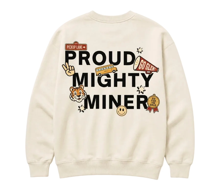 Glen Carbon Elementary Miners printed patch kids crewneck sweatshirt in light gray