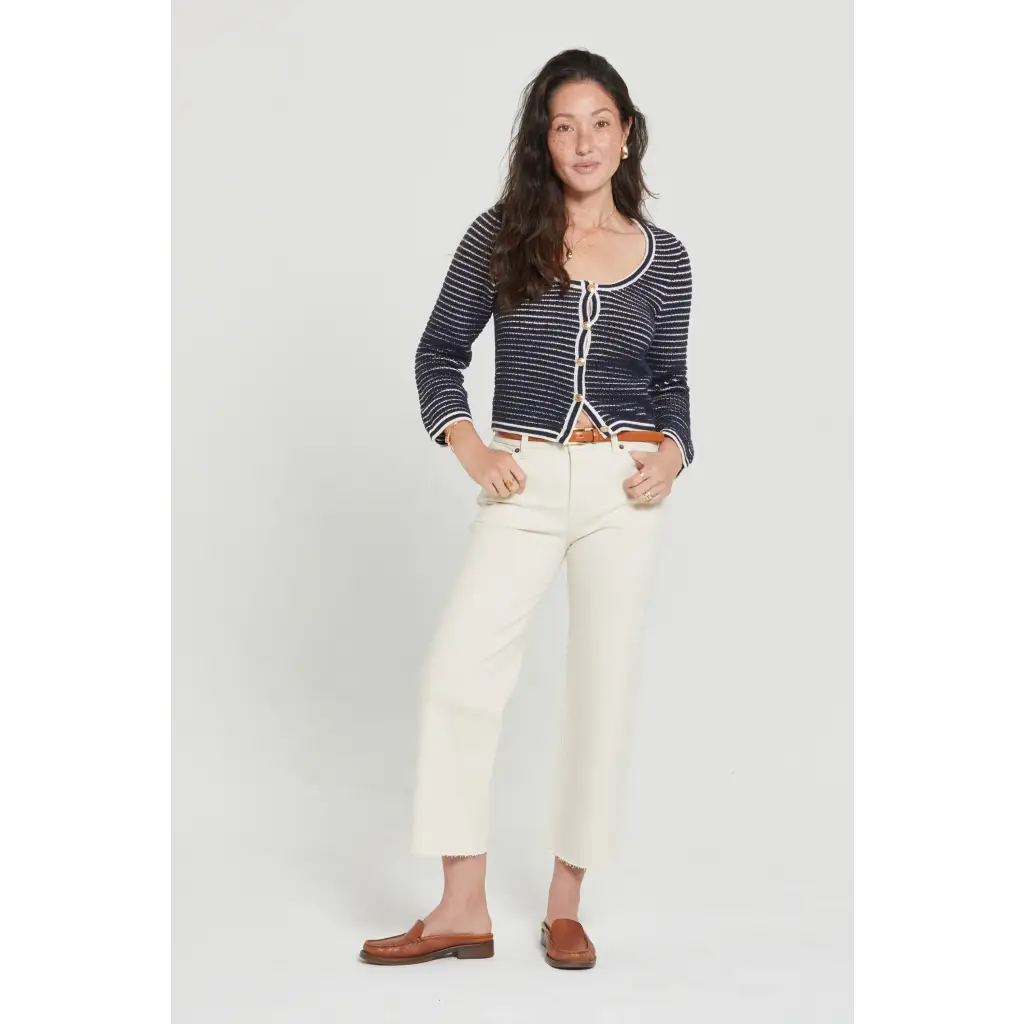 Ecru Aberdeen Ankle Crop high rise jean with white straight-leg, brown belt, pocket details