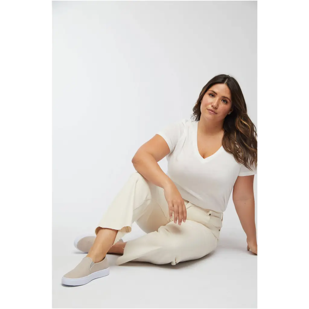 Relaxed high rise white linen pants with elastic waist in ecru