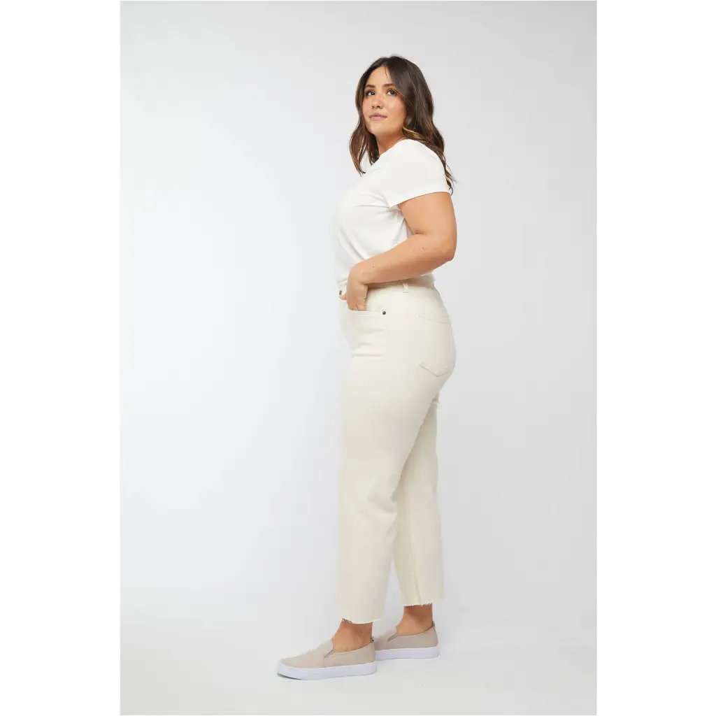 Cream-colored high rise Aberdeen Ankle Crop Jean in relaxed fit