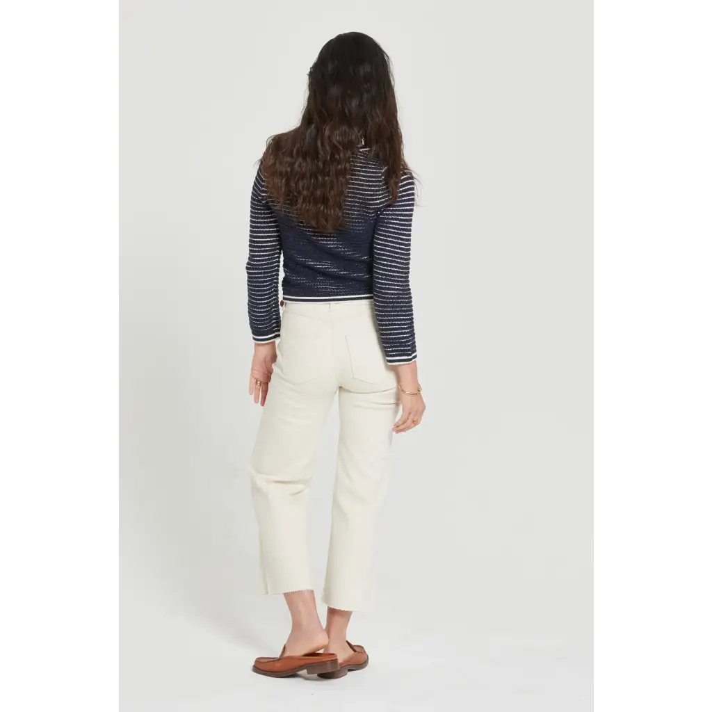 Ecru Aberdeen Ankle Crop high rise jean, white cropped pants with elastic waistband