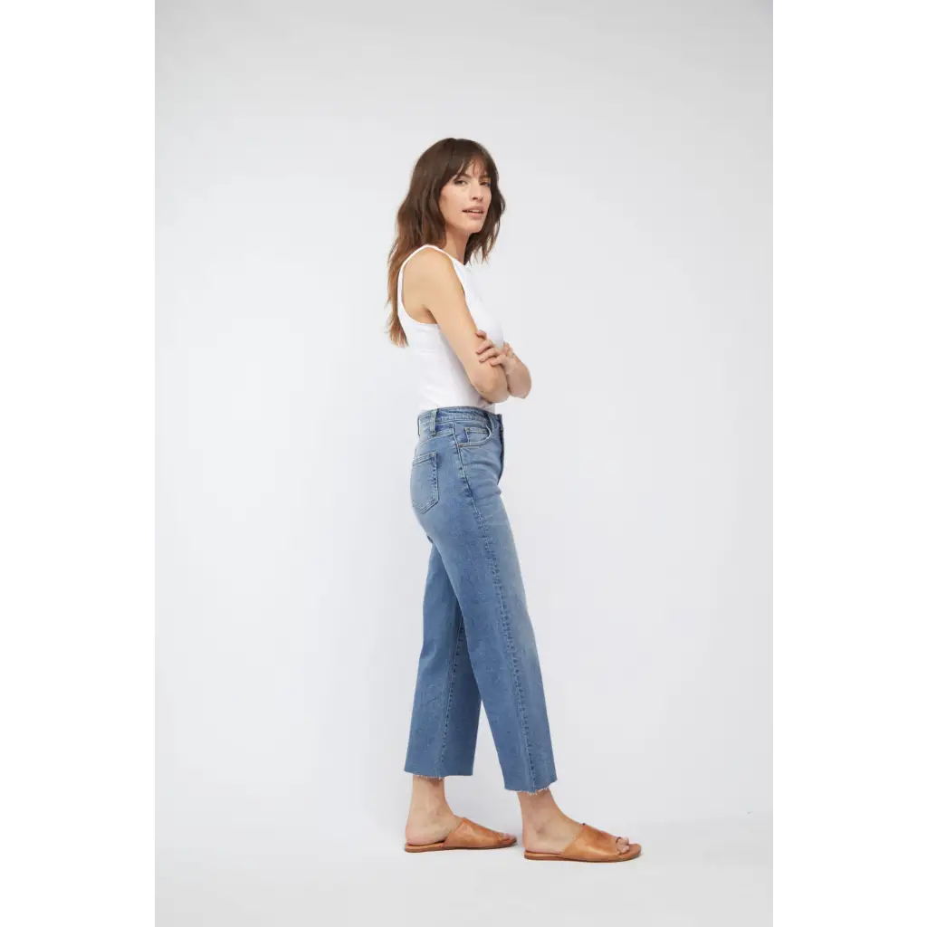 Light blue high rise Aberdeen Ankle Crop Jean in vintage worn denim