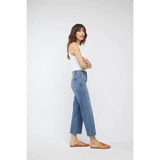 Light blue high rise Aberdeen Ankle Crop Jean in vintage worn denim