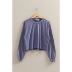 Dusty blue cropped sweatshirt on hanger, perfect stylish womens clothes for casual wear