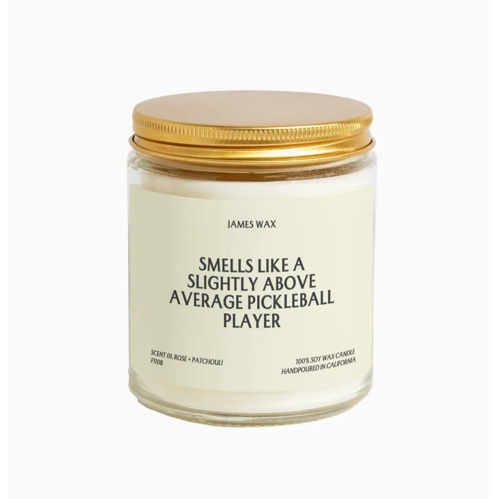 White candle in jar with gold lid, perfect for the average pickleball player humor