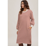 Red and white striped French Terry midi dress with comfy side pockets for casual vibes