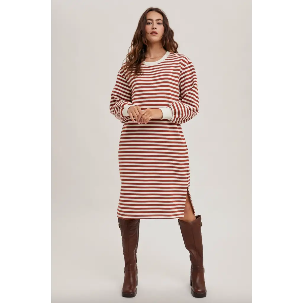 Red and white striped French Terry midi dress with pockets and side slit