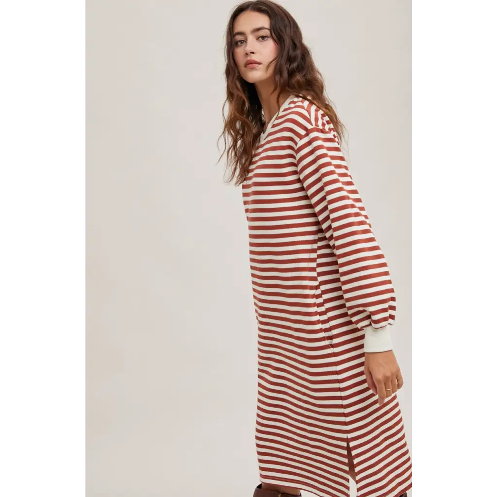 Cozy Striped French Terry Midi Dress with Pockets in red and white stripes and side slits