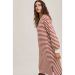 Cozy Striped French Terry Midi Dress with Pockets in red and white stripes and side slits