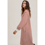 Red and white striped French Terry midi dress with pockets and ribbed cuffs