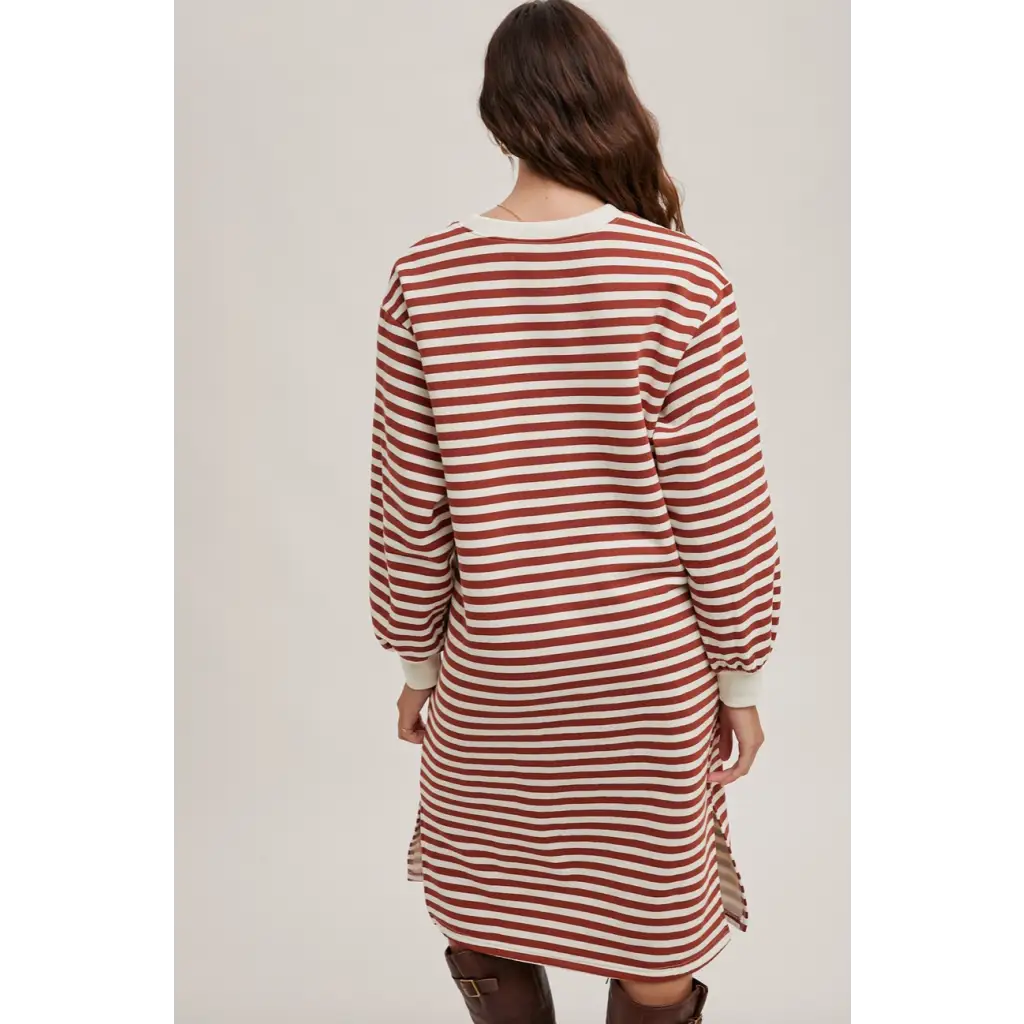 Red and white striped French Terry midi dress with pockets and side slits for comfy style