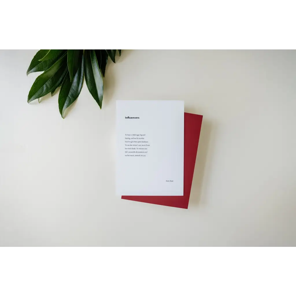 White and red greeting cards with a green leaf, free shipping featuring Kate Baer’s poetry