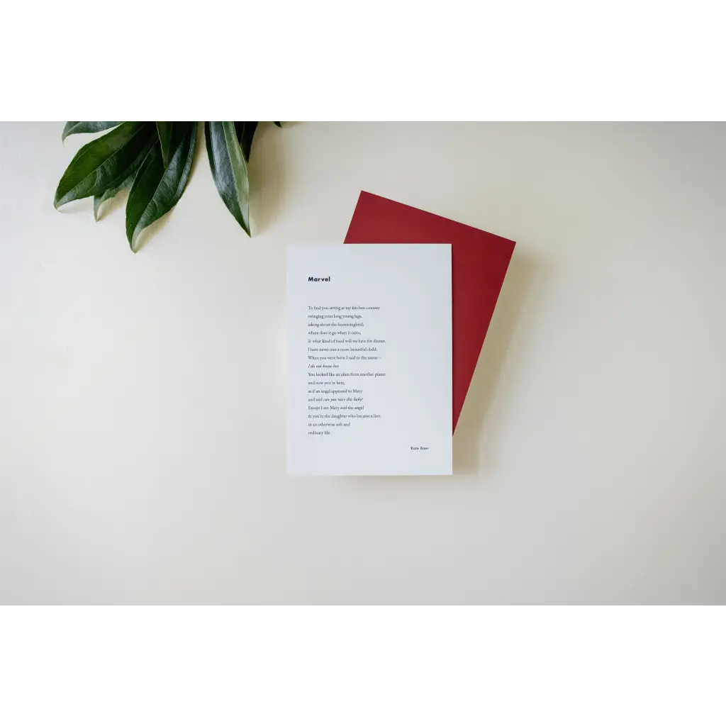 White paper with text on a red card showcasing Wall Art Prints featuring Kate Baer’s Poetry, free shipping