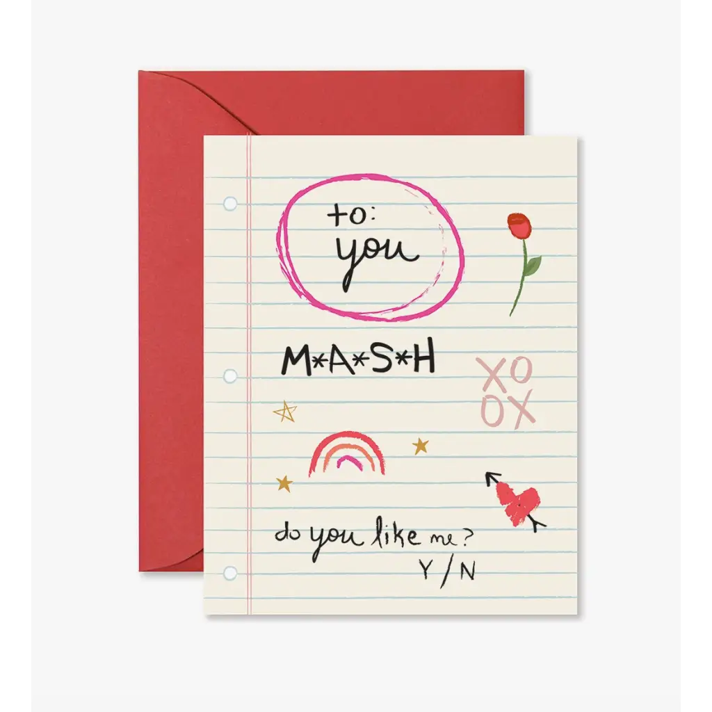 Hand-drawn love note greeting card with doodles and red envelope asking do you like me Y/N