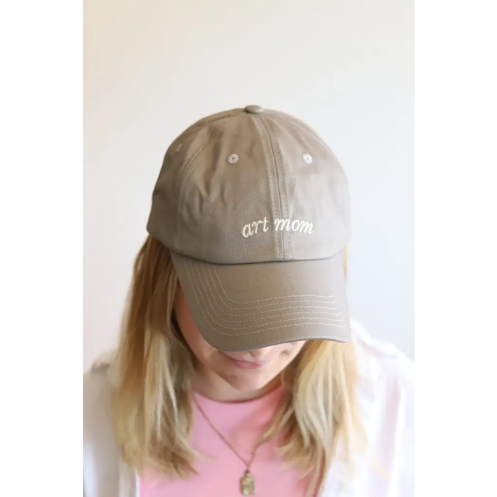 Tan Chill Art Mom Ball Cap featuring embroidered art mom text for effortless style