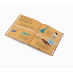 Open kids book with illustrated dinosaurs and sounds on vibrant orange pages