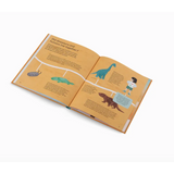 Open kids book with illustrated dinosaurs and sounds on vibrant orange pages