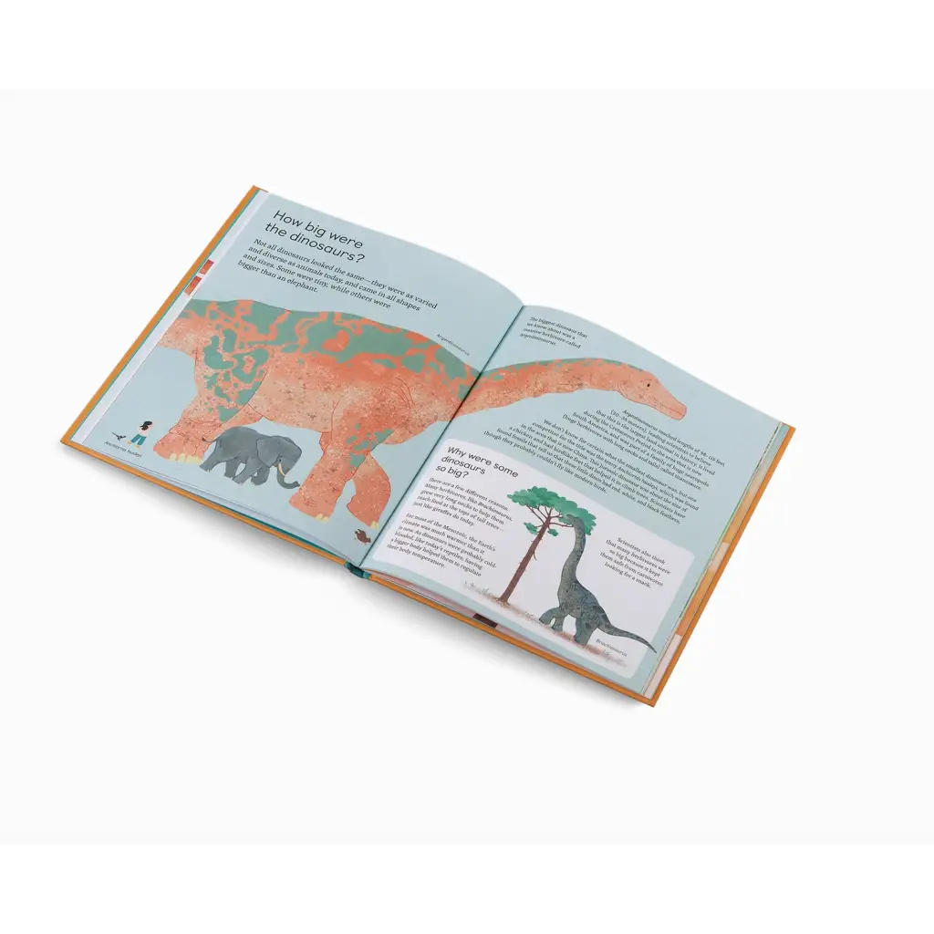 Open kids book with vibrant dinosaurs, perfect for learning dinosaur sounds and fun facts