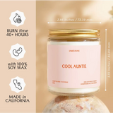 Pink soy wax candle in a glass jar labeled Cool Auntie, perfect auntie gift cool