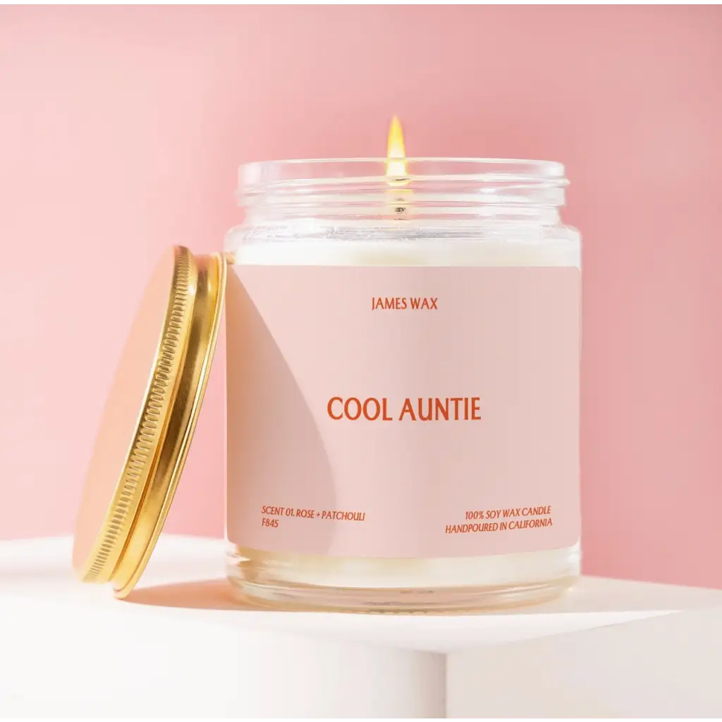 White candle in a jar with gold lid, perfect Auntie Gift, Cool Auntie vibe