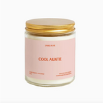 Pink glass jar with gold lid for Cool Auntie Candle, perfect auntie gift cool made in small batches