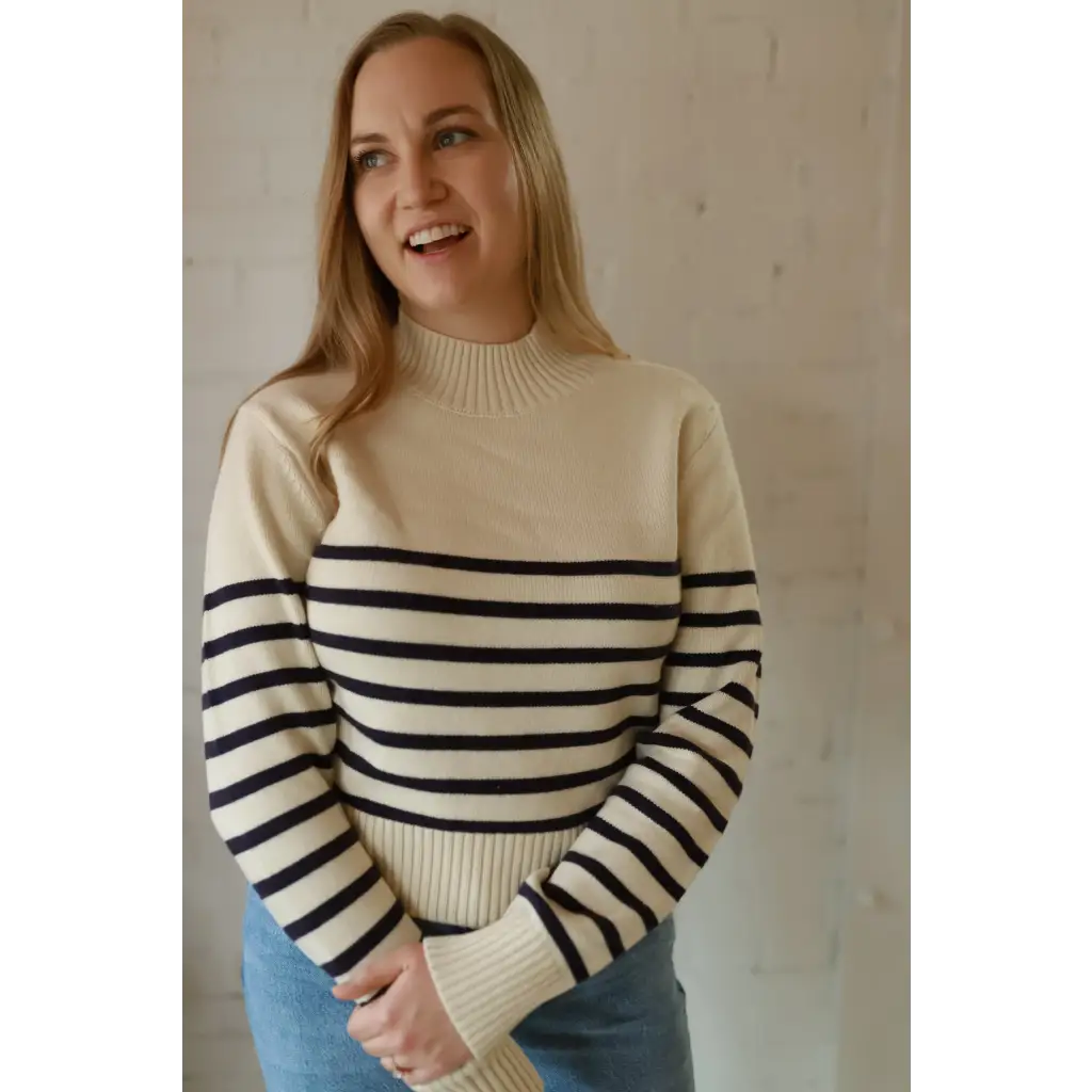Stylish Ava Mock-Neck Sweater in cream navy stripes for moms