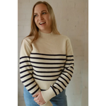 Stylish Ava Mock-Neck Sweater in cream navy stripes for moms