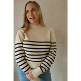 Stylish Ava Mock-Neck Sweater in cream navy stripes for moms