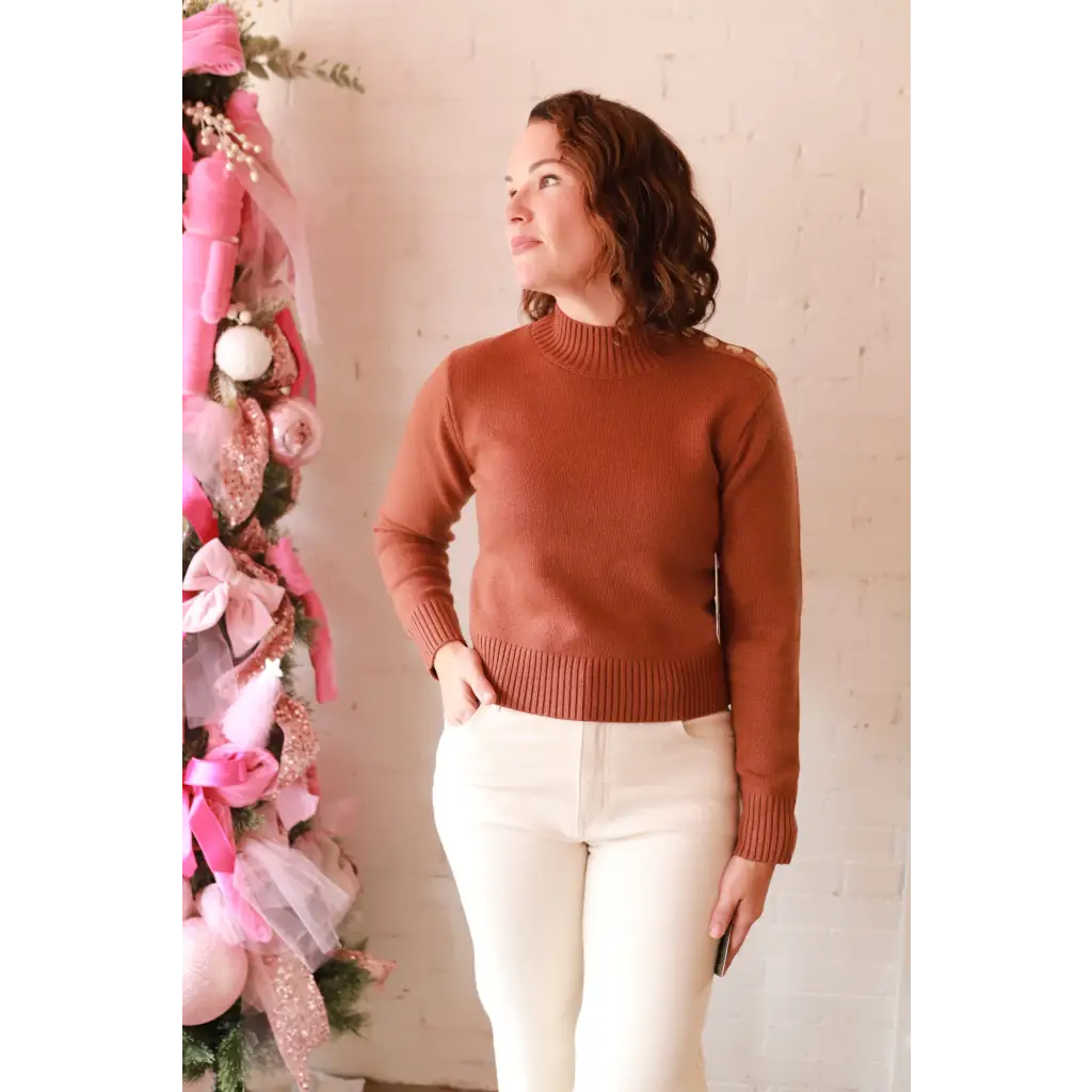 Stylish Ava Mock-Neck Sweater in rust ribbed knit for moms