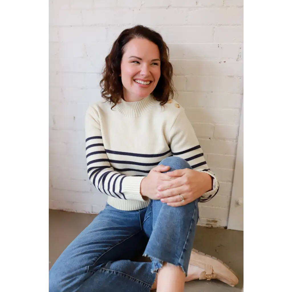 Stylish Ava Mock-Neck Sweater in cream navy stripes for moms