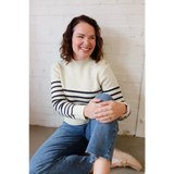 Stylish Ava Mock-Neck Sweater in cream navy stripes for moms