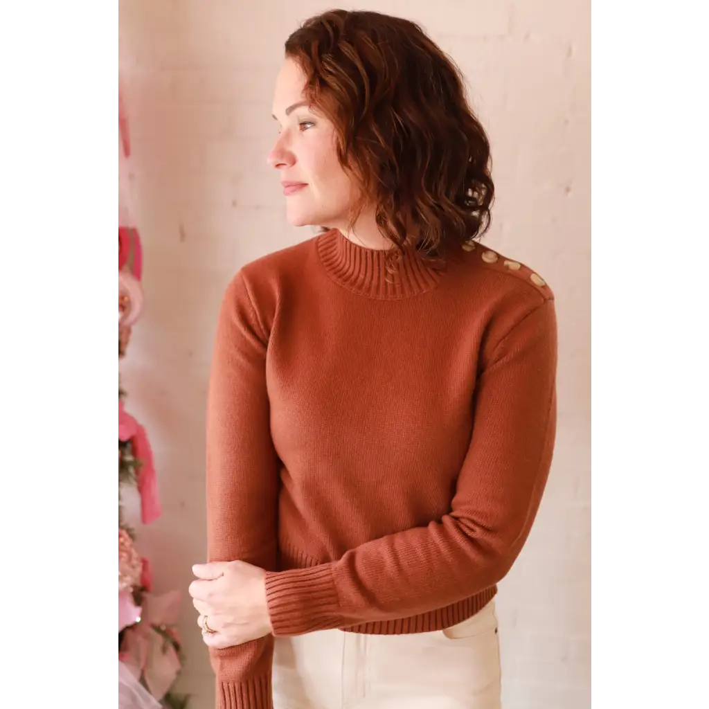 Rust-colored ribbed Ava Mock-Neck Sweater, stylish womens clothes for moms