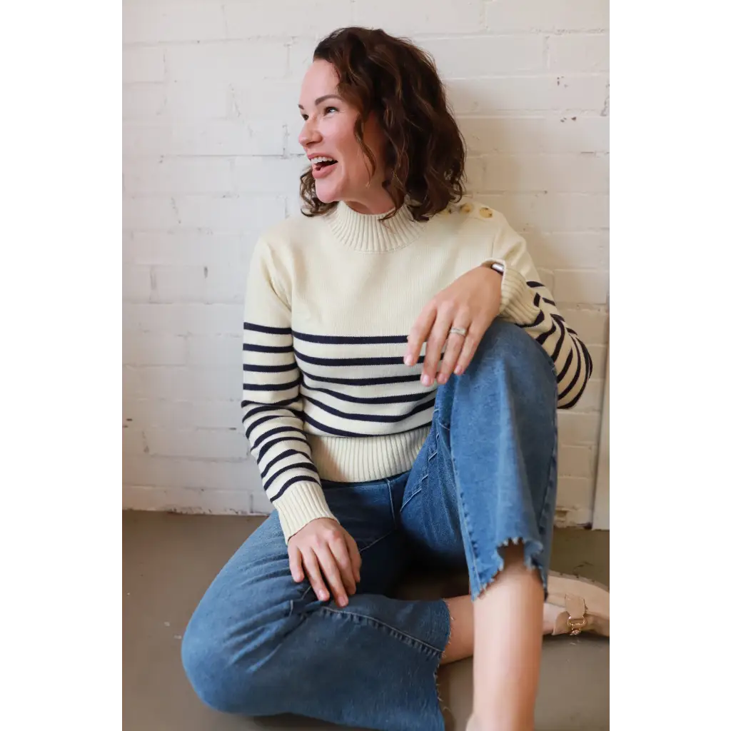Stylish Ava Mock-Neck Sweater in navy and cream stripes