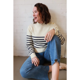 Stylish Ava Mock-Neck Sweater in navy and cream stripes