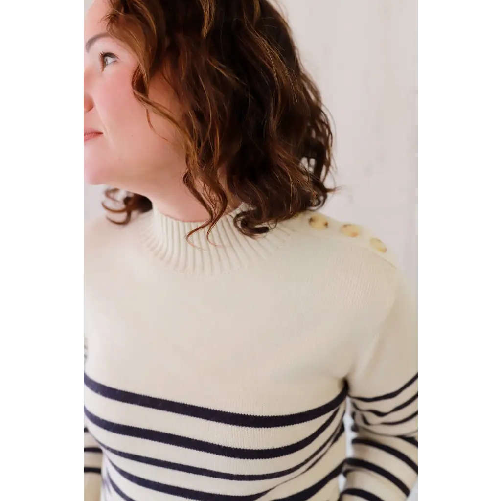 Ava Mock-Neck Sweater: cream navy stripes with floral shoulders, stylish womens clothes