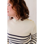 Ava Mock-Neck Sweater: cream navy stripes with floral shoulders, stylish womens clothes