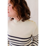 Ava Mock-Neck Sweater: cream navy stripes with floral shoulders, stylish womens clothes