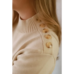 Ava Mock-Neck Sweater in beige with wooden buttons and ribbed knit