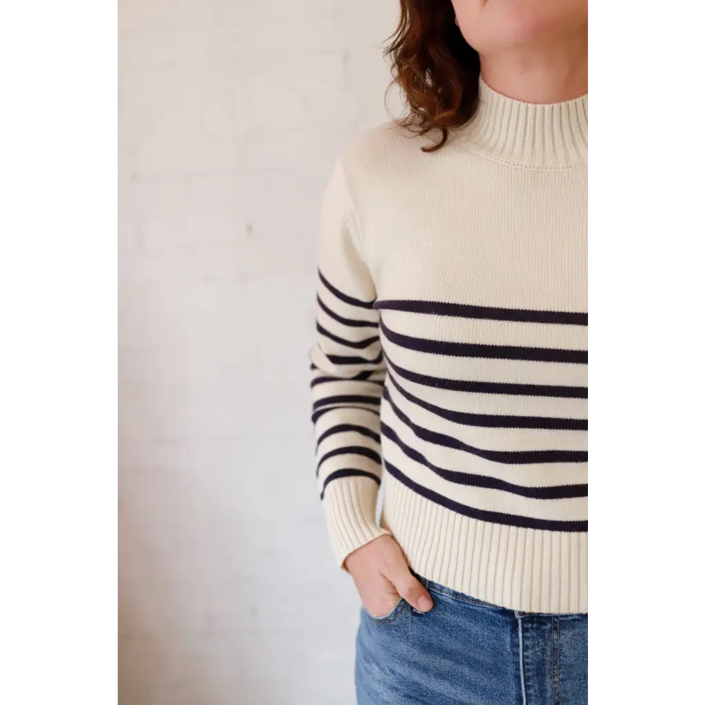 Stylish Ava Mock-Neck Sweater in cream navy stripes, polished prints for moms