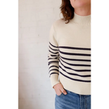 Stylish Ava Mock-Neck Sweater in cream navy stripes, polished prints for moms
