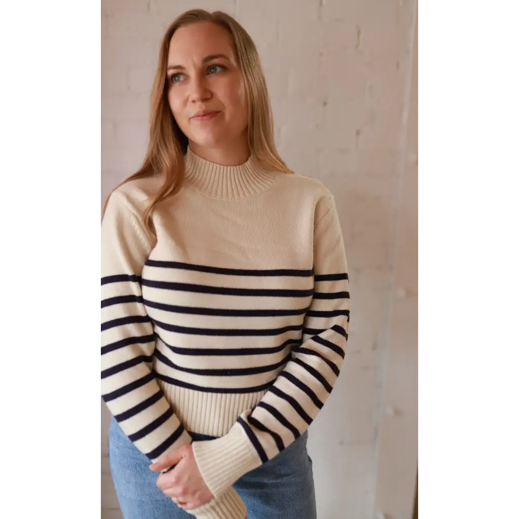 Ava Mock-Neck Sweater in cream navy striped polished print