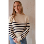 Ava Mock-Neck Sweater in cream navy striped polished print