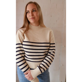 Ava Mock-Neck Sweater in cream navy striped polished print