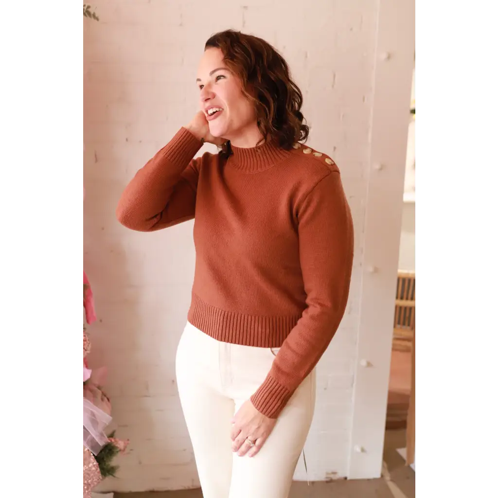 Rust Ava Mock-Neck Sweater in cotton with eyelet shoulders for stylish womens clothes