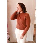 Rust Ava Mock-Neck Sweater in cotton with eyelet shoulders for stylish womens clothes