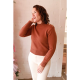 Rust Ava Mock-Neck Sweater in cotton with eyelet shoulders for stylish womens clothes