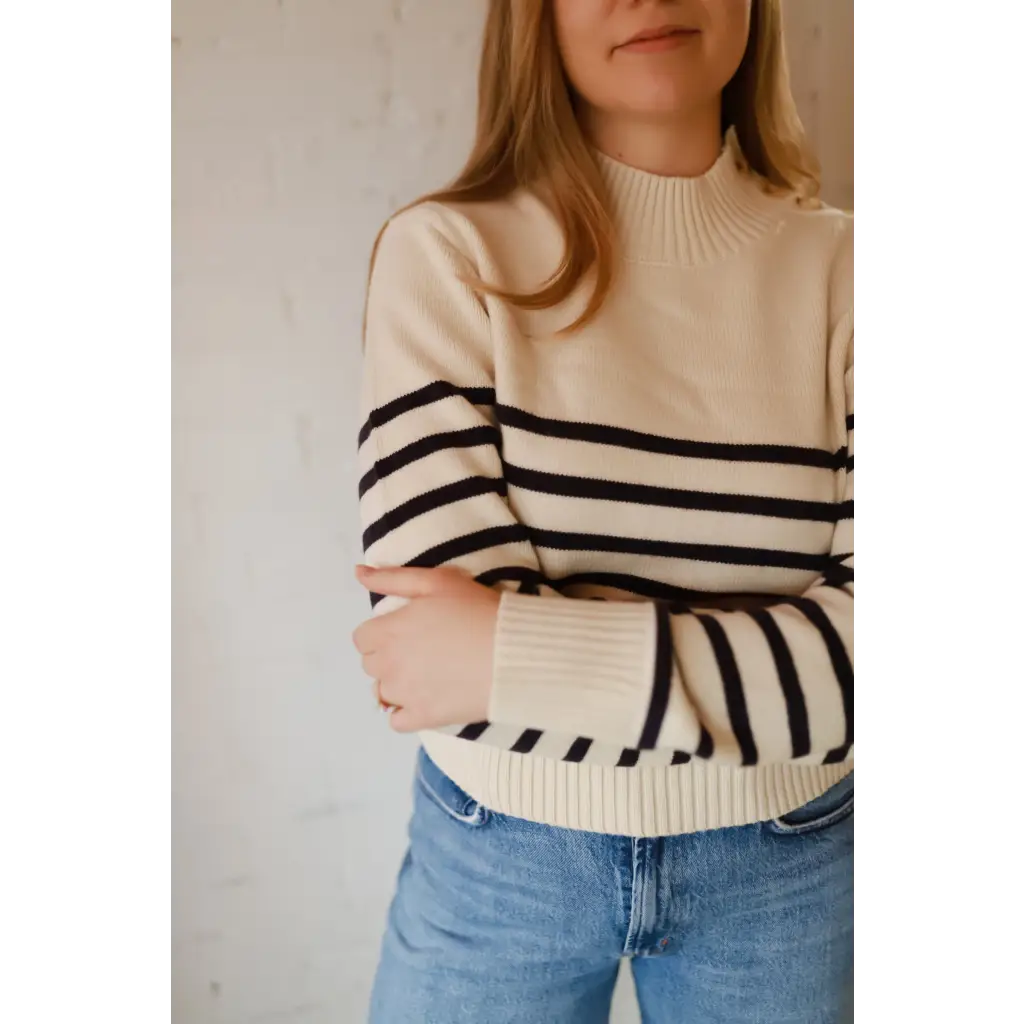 Ava Mock-Neck Sweater in cream and black striped polished prints